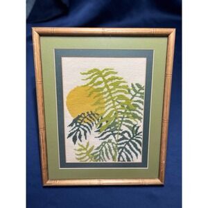 VTG Framed Needlepoint Fern Botanical Sun Bamboo Frame Mid Century Tropical Art